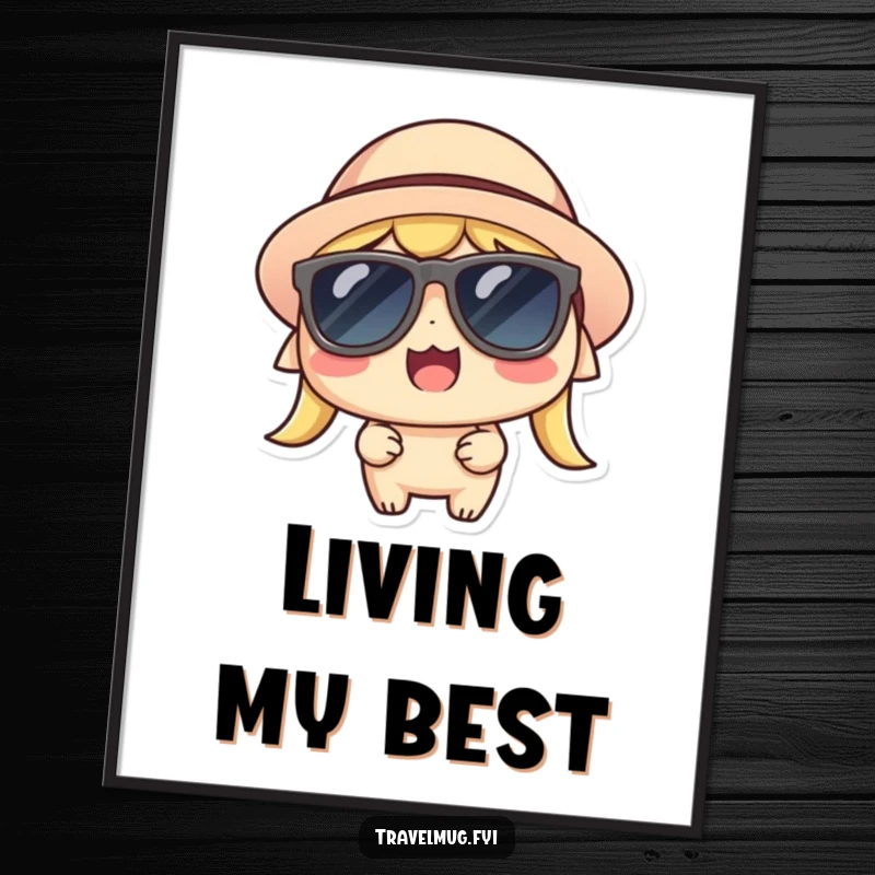 Funny Kawaii Poster, a delighted character in sunglasses and a hat, radiating thrill and cool vibes.