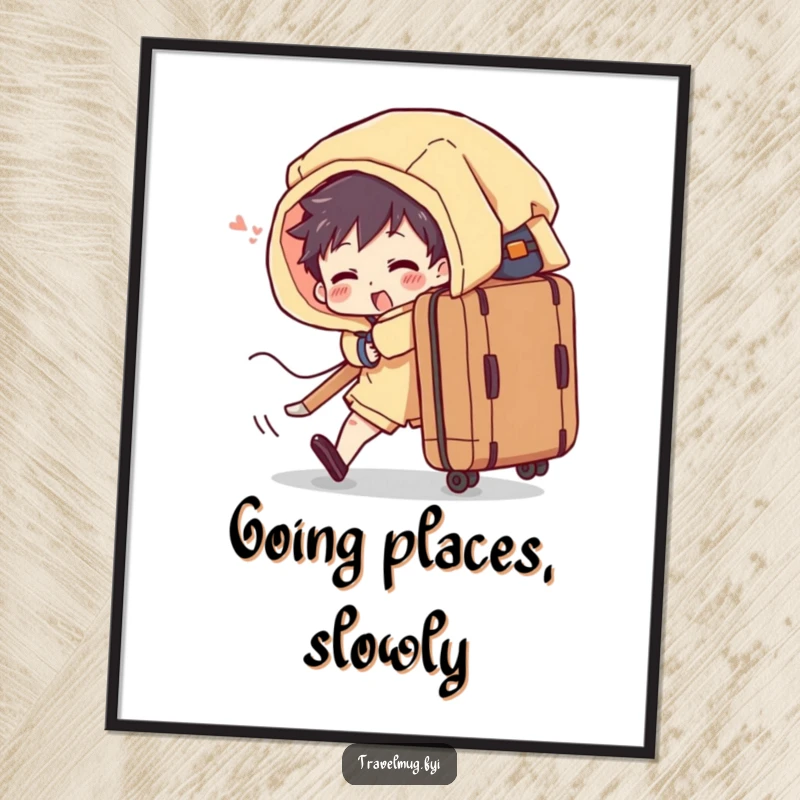 Funny poster depicts a character hilariously overwhelmed by an overflowing suitcase, perfect for travel-themed decor.