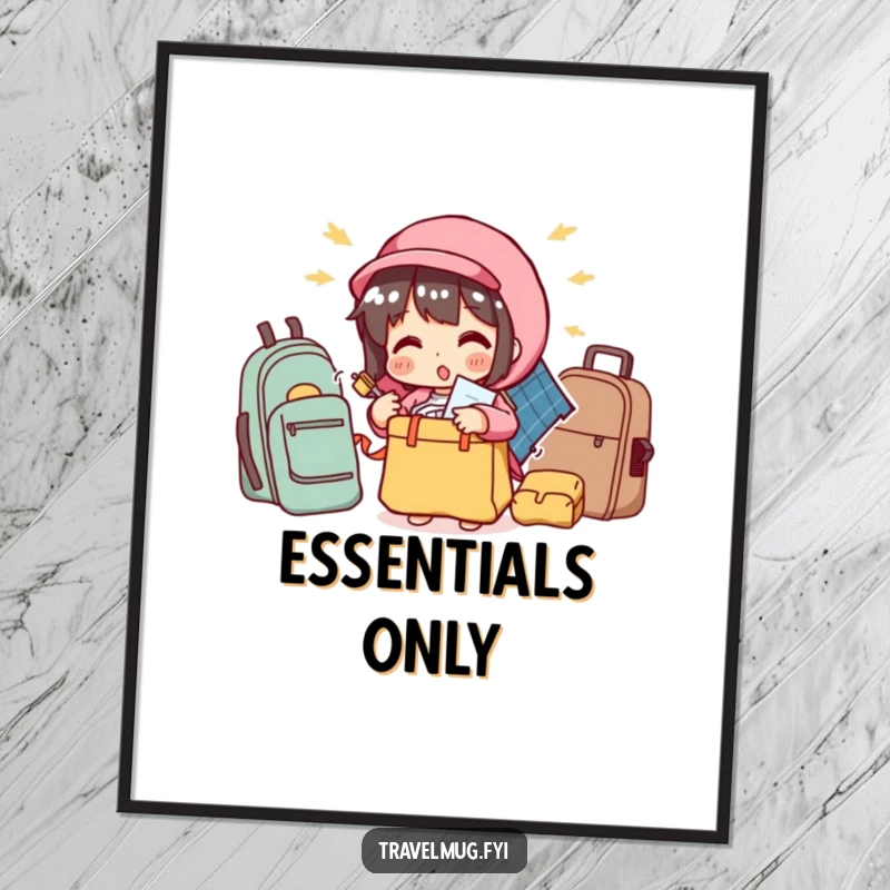 Funny poster capturing a character comically attempting to pack too many items into a small bag, a humorous piece of travel art.