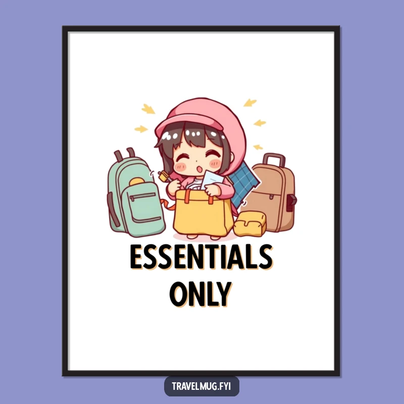Funny Packing Poster: Character Overstuffs Bag, Whimsical Travel Art