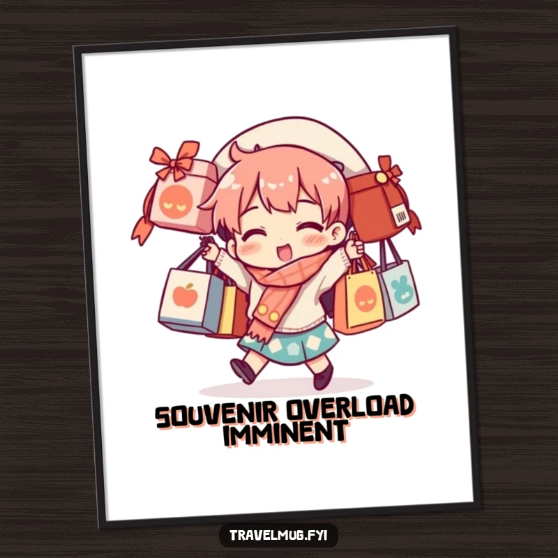 Funny poster depicting a character precariously balancing a huge pile of souvenir bags, evoking travel humor.