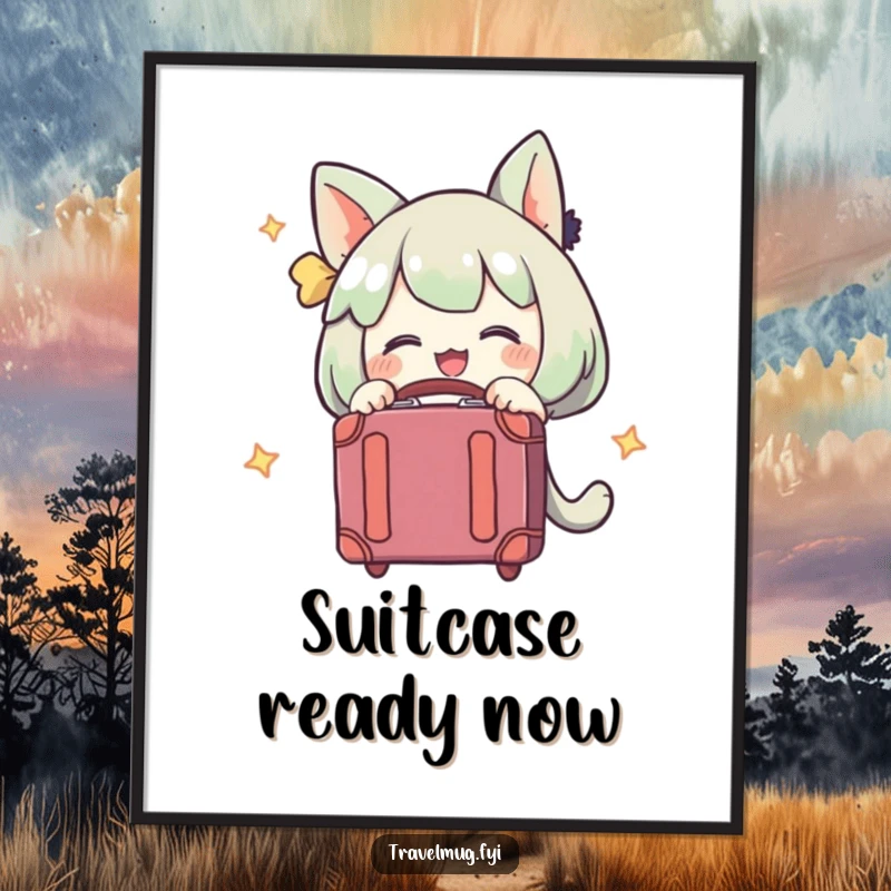 Funny poster depicting a character with arms wrapped around a small suitcase, conveying excitement for travel.