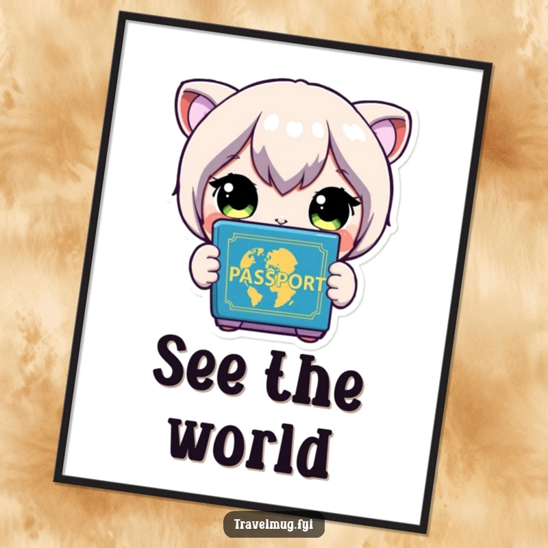 Funny Poster: A character with wide, amazed eyes looks at a vibrant passport, ready for adventure.