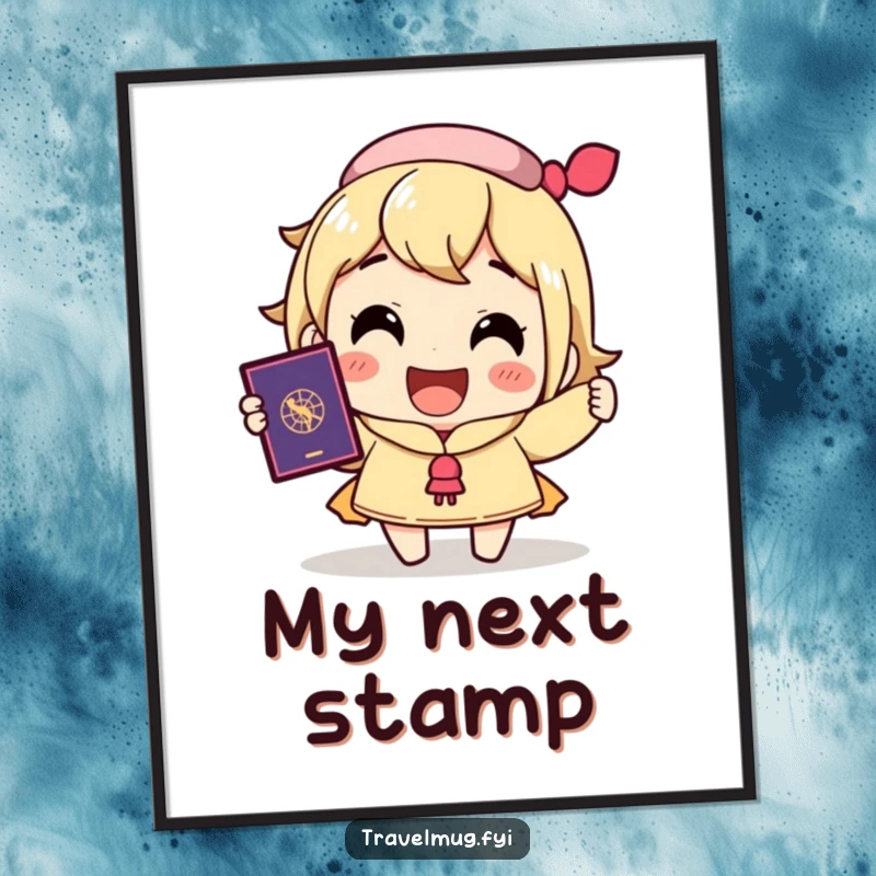 Funny poster illustrating a character's big, excited smile while holding a passport, capturing the thrill of upcoming travel.