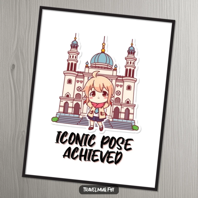 Funny poster depicting a character in a playful pose in front of a landmark, adding a humorous travel theme to decor.