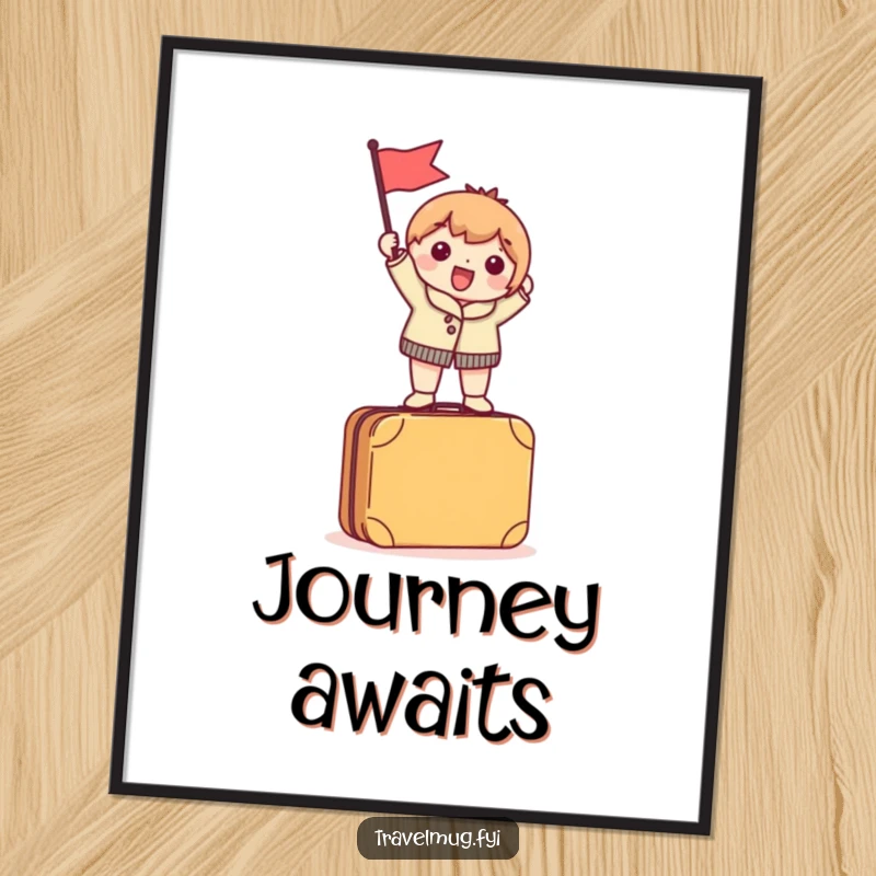 Funny Poster of a character excitedly waving a tiny flag while standing on top of a suitcase, celebrating the joy of travel.