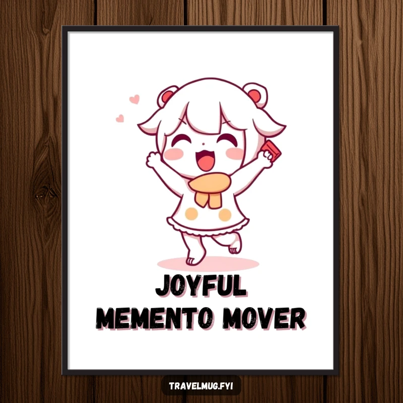 Funny Kawaii character poster showing a cute character doing a happy dance with a souvenir, vibrant and joyful travel art.