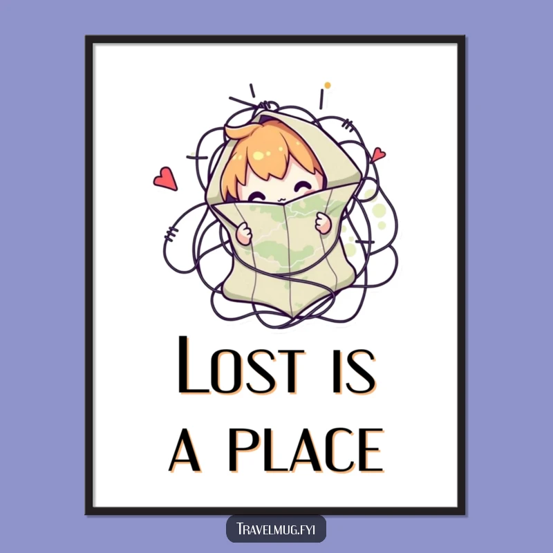 Funny Map Tangle Poster: Character Lost In Cartography, Whimsical Wall Art