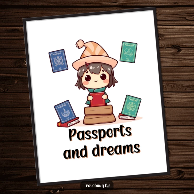 Funny Poster: A character in a comical hat is expertly balancing a collection of passports for international travel.