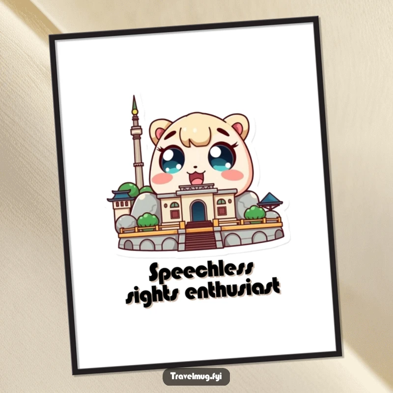 Funny Kawaii character poster showing a cute character with amazed eyes looking at a famous landmark, stunning travel art.