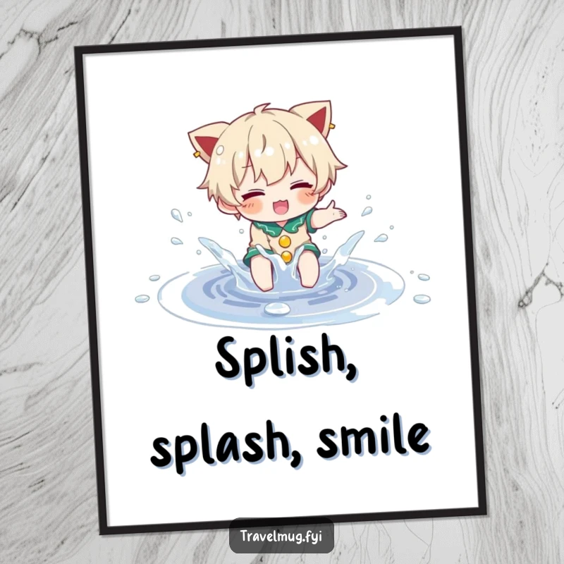 Funny Poster: A character is energetically splashing in a small, sparkling puddle, radiating sheer happiness and fun.