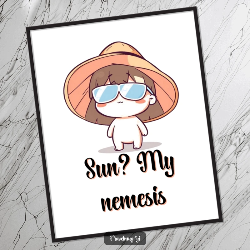 Funny sun hat character poster, a comical illustration of a person in a massive sun hat, adding humor to wall decor.