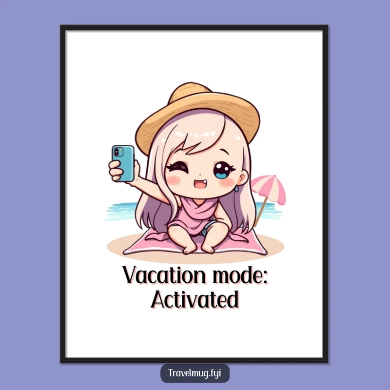 Brighten your walls with this funny kawaii beach selfie poster. It’s a cheerful piece of art that brings vacation vibes and laughs.