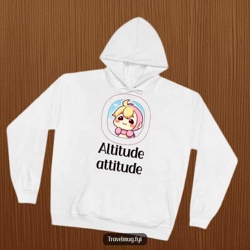Funny Hoodie featuring a kawaii character making a comical silly face while looking out an airplane window, perfect for travel comfort.