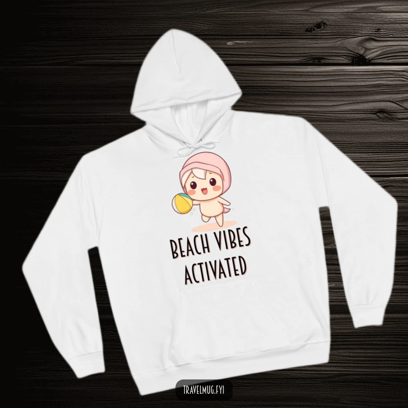 Funny Kawaii character hoodie featuring a cute character playfully tossing a beach ball, cozy and fun summer wear.