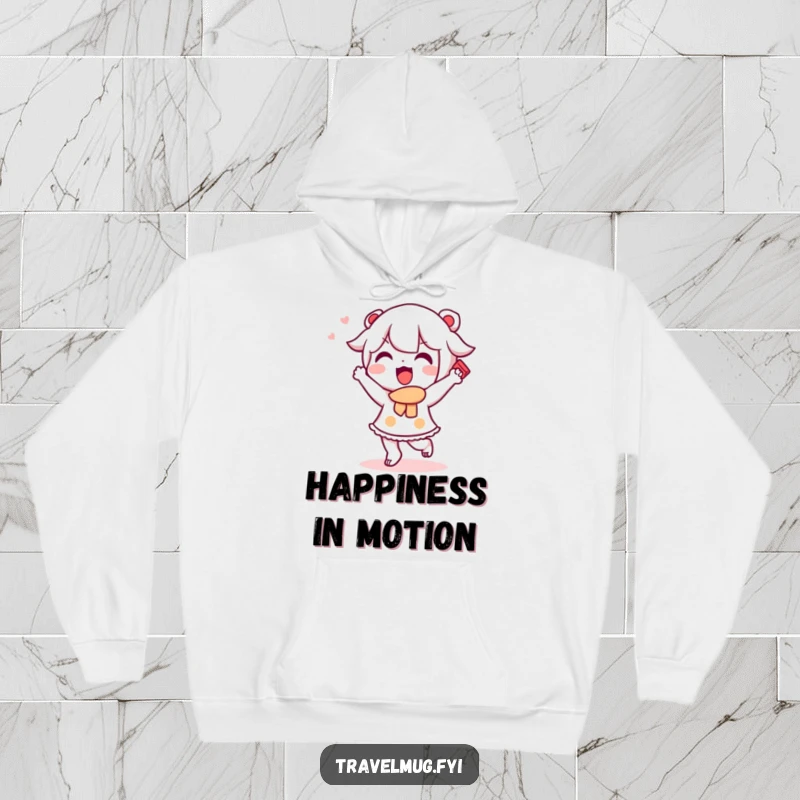 Funny Kawaii character hoodie featuring a cute character doing a happy dance with a souvenir, cozy and celebratory wear.