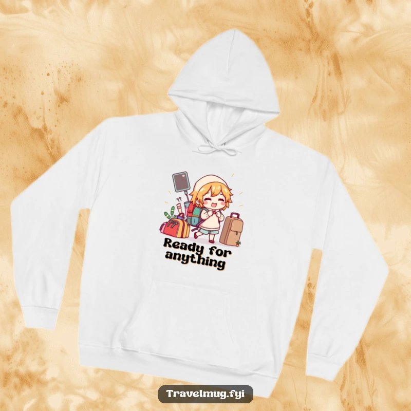 Funny hoodie showing a character gleefully packing a backpack with bizarre and funny items, ready for any adventure.