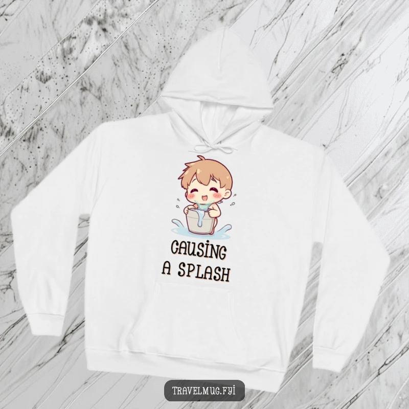 Funny hoodie depicting a character playfully splashing water from a tiny bucket, offering comfort and cheerful humor.