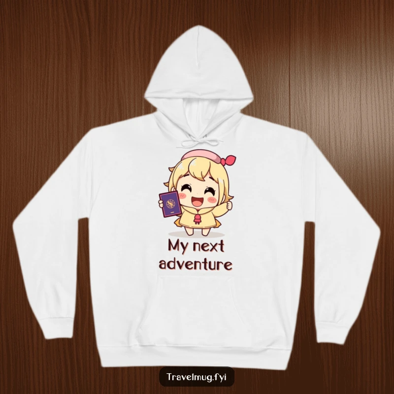 Funny hoodie with a character beaming with a big smile, joyfully holding a passport, symbolizing excitement for travel.