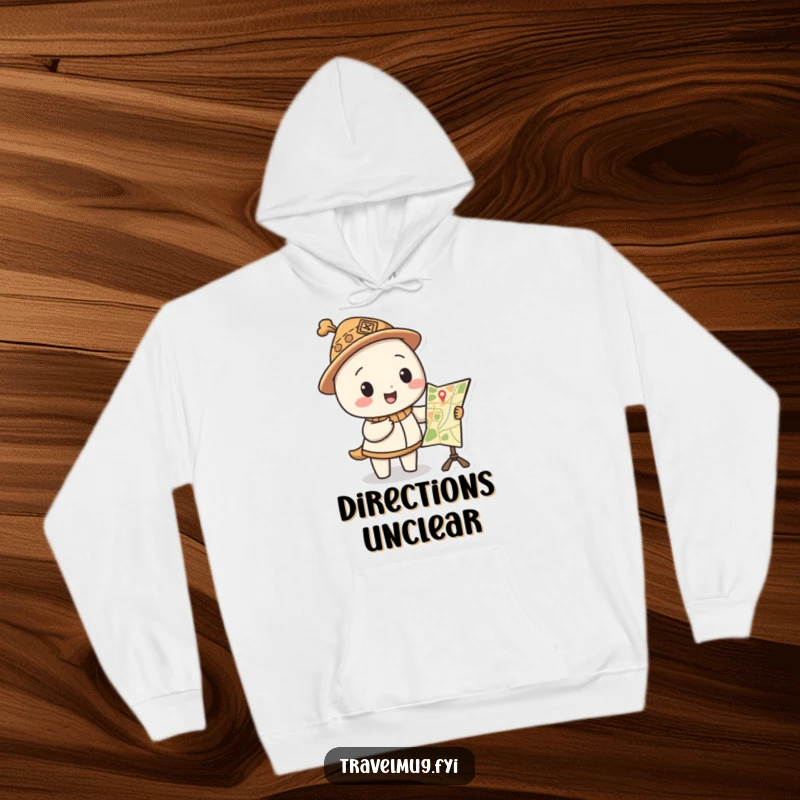Funny hoodie features a character in a silly hat pointing at a funny map, perfect for cozy adventures.