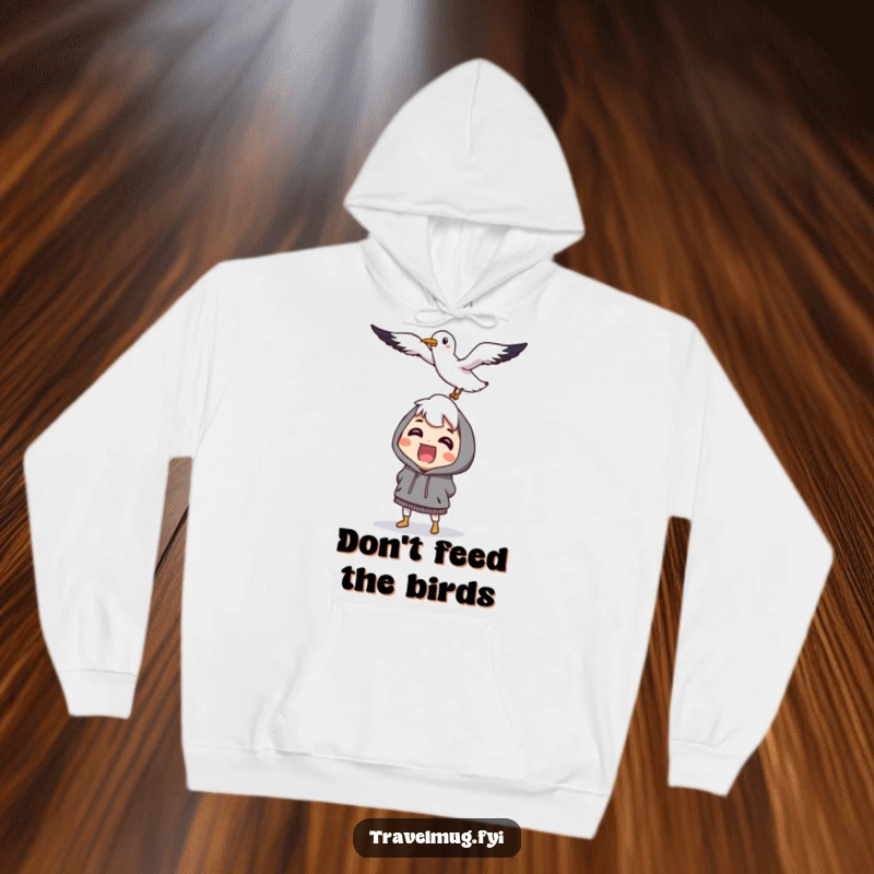 Funny character comically startled by a flying, smiling seagull, a warm and humorous hoodie for beachgoers.