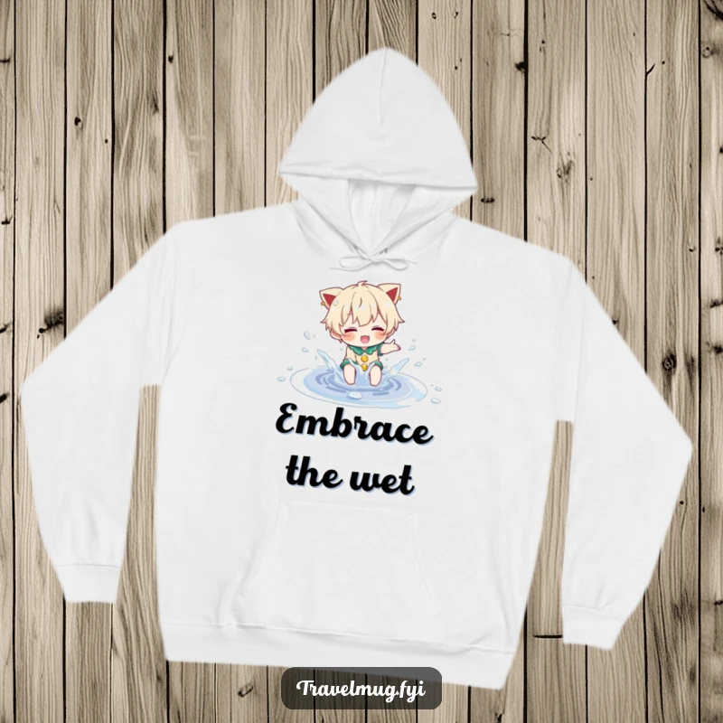 Funny Hoodie: A joyful character is actively splashing in a small, sparkling puddle, celebrating the rain with glee.