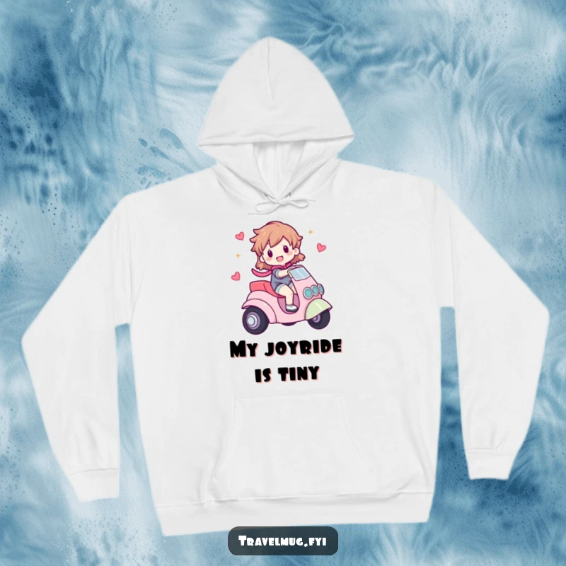 Funny hoodie showing a character happily riding a small, whimsical vehicle, perfect for staying warm with a sense of playful freedom.