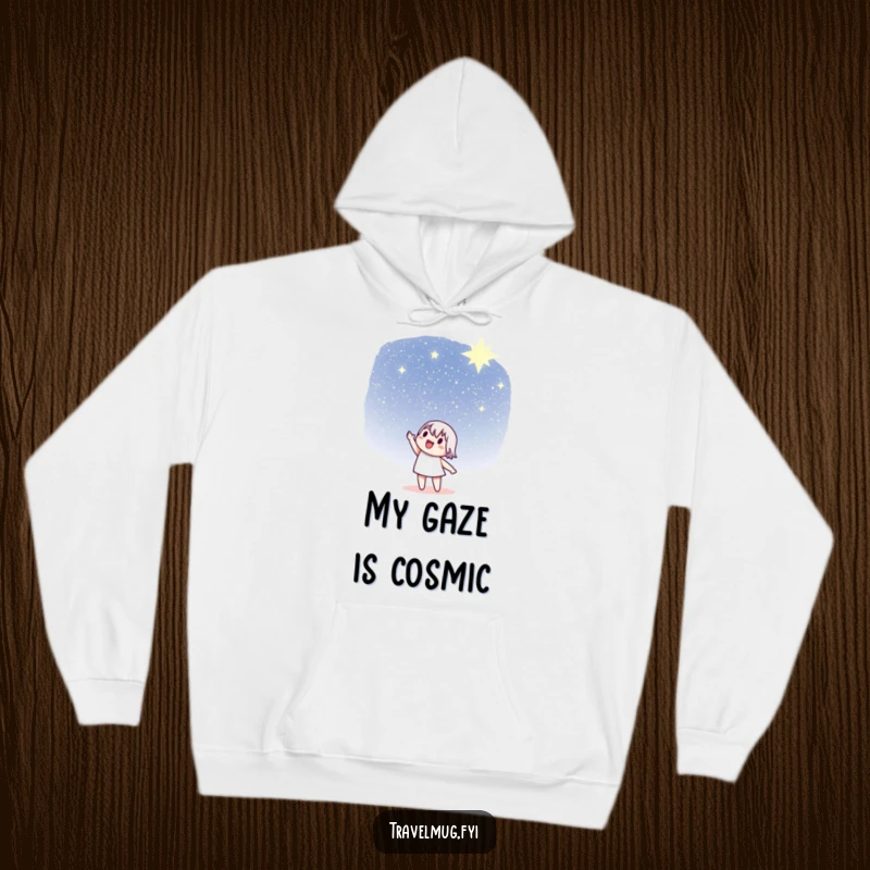 Funny Hoodie: A character enthusiastically points towards a breathtaking, distant sky brimming with countless shimmering stars.