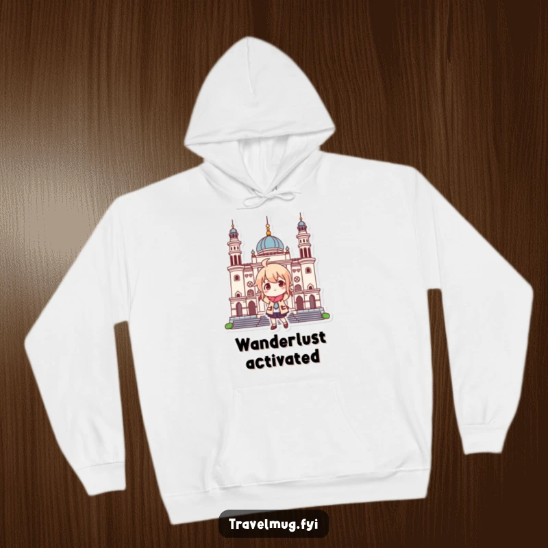 Funny hoodie featuring a character playfully posing at a famous landmark, offering comfort and a touch of travel humor.
