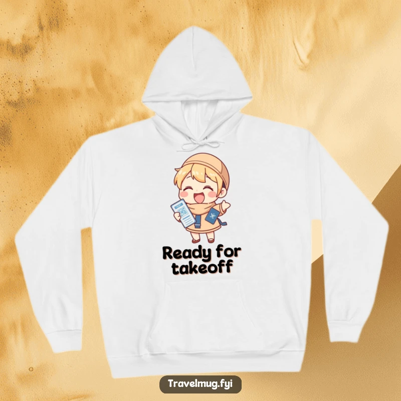 Funny Hoodie: A character gleefully holding a passport and ticket, perfect for keeping warm on travel days.