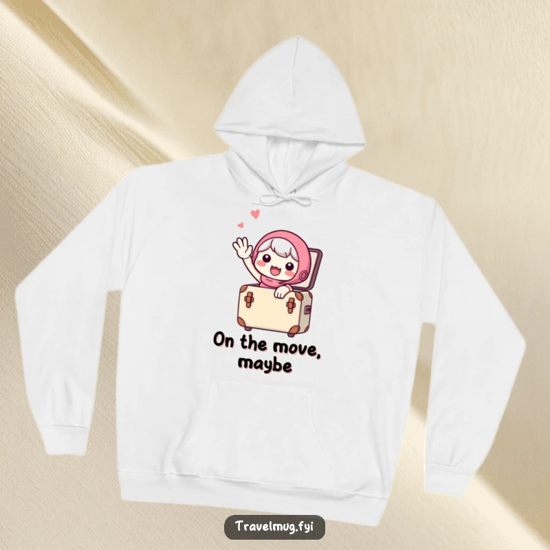 Funny Hoodie: A cute character waving goodbye from a small suitcase, ready for an exciting departure, perfect for travelers.