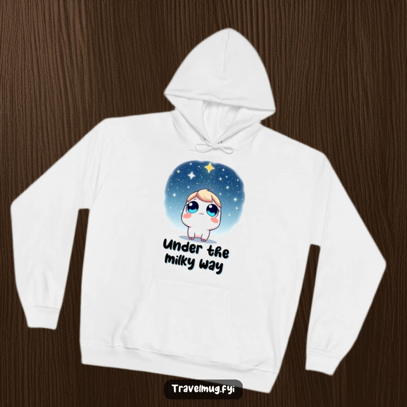 Funny Hoodie: A character with wide eyes looking up at a star-filled sky, perfect for cozy nights and cosmic contemplation.