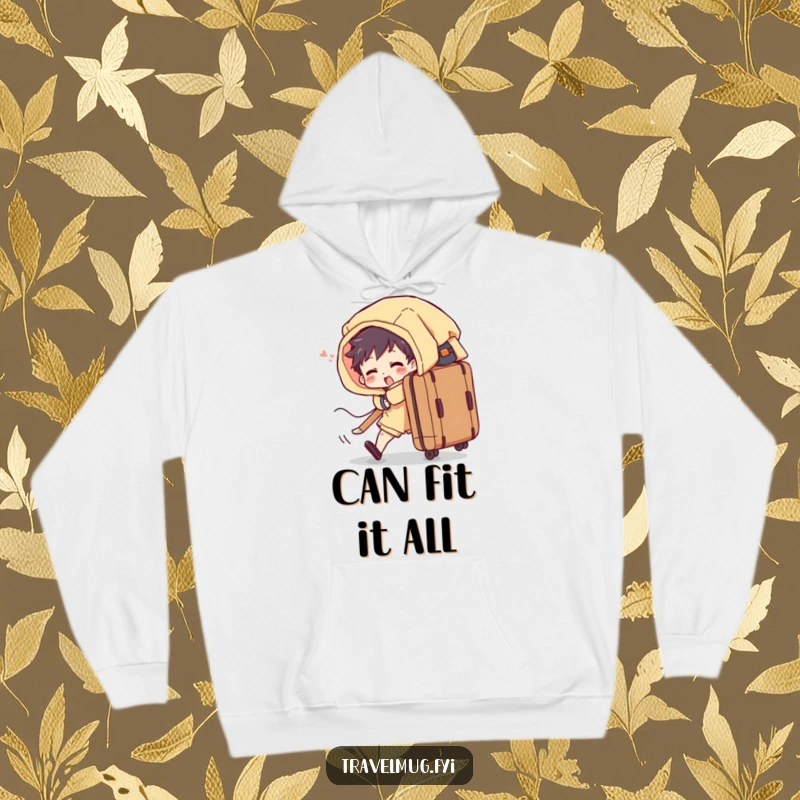 Funny hoodie features a character comically battling an overflowing suitcase, offering warmth and travel humor.