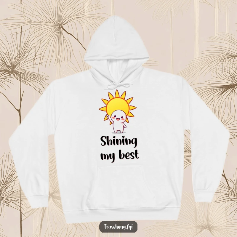 Funny hoodie with a cheerful character pointing towards a bright sun, offering warmth and humorous positivity.