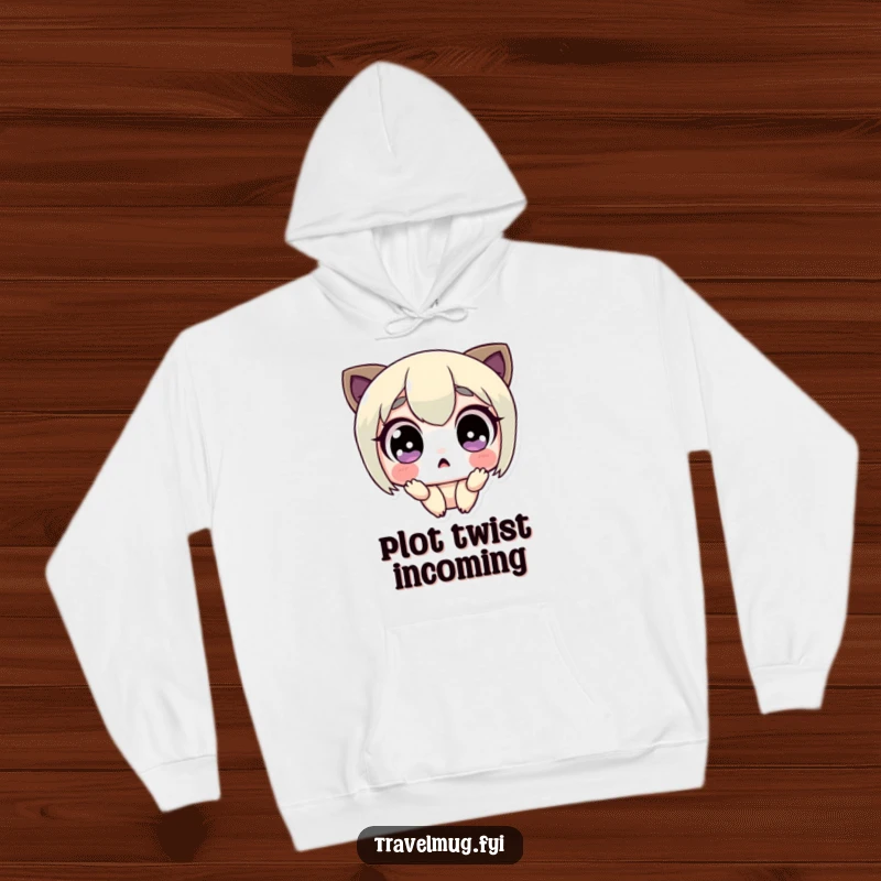 Funny hoodie with a cute character displaying exaggerated wide eyes and an astonished expression, perfect for cozy, humorous reactions.