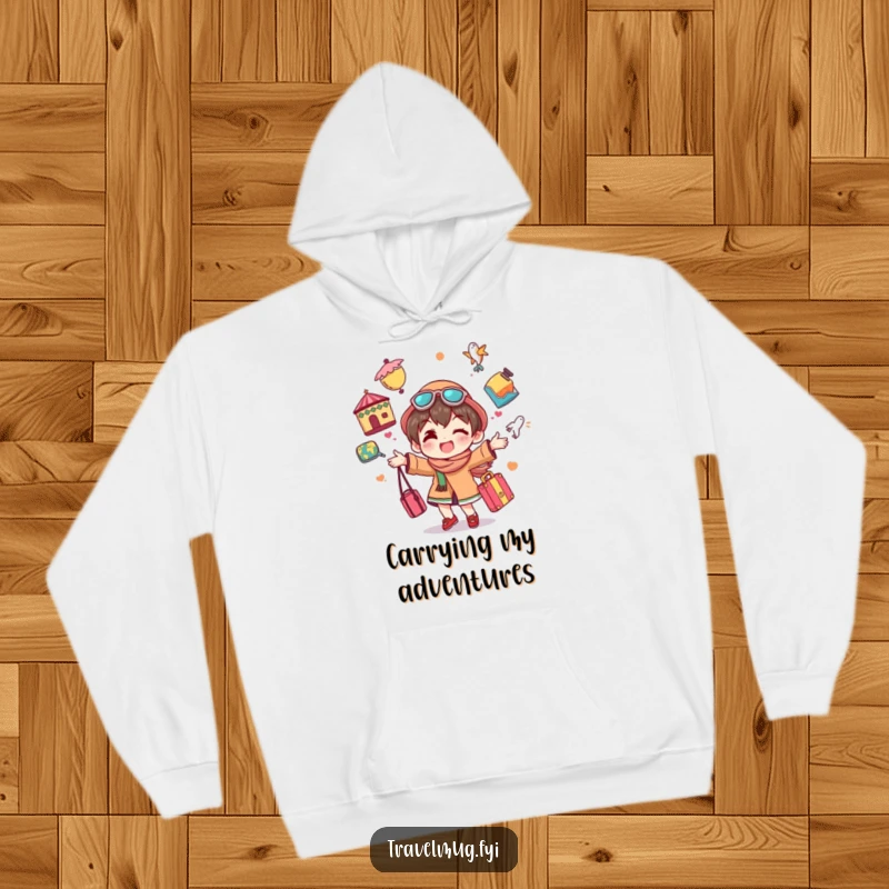 Funny hoodie depicting a character joyfully juggling colorful travel souvenirs, perfect for cozy adventures and humorous warmth.