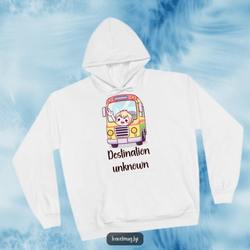Funny hoodie depicting a cute character excitedly signaling a whimsical and vibrantly colored bus to stop.