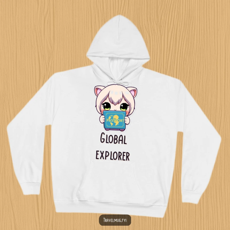 Funny Hoodie: A character with wide, excited eyes looks at a colorful passport, ready for global adventures.