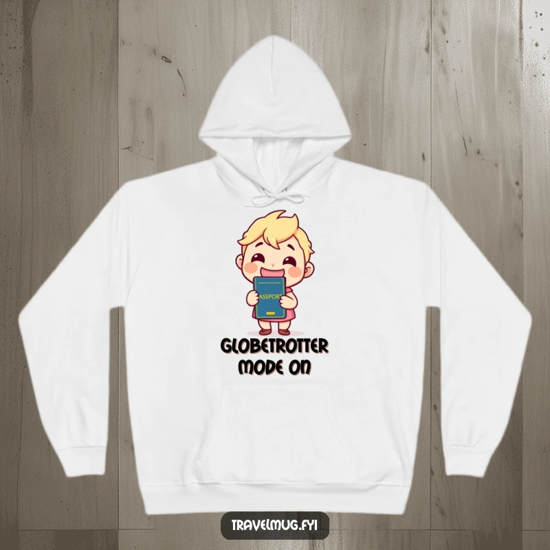 Funny Hoodie featuring a kawaii character grinning widely while holding a passport, perfect for staying warm and inspired for travel.