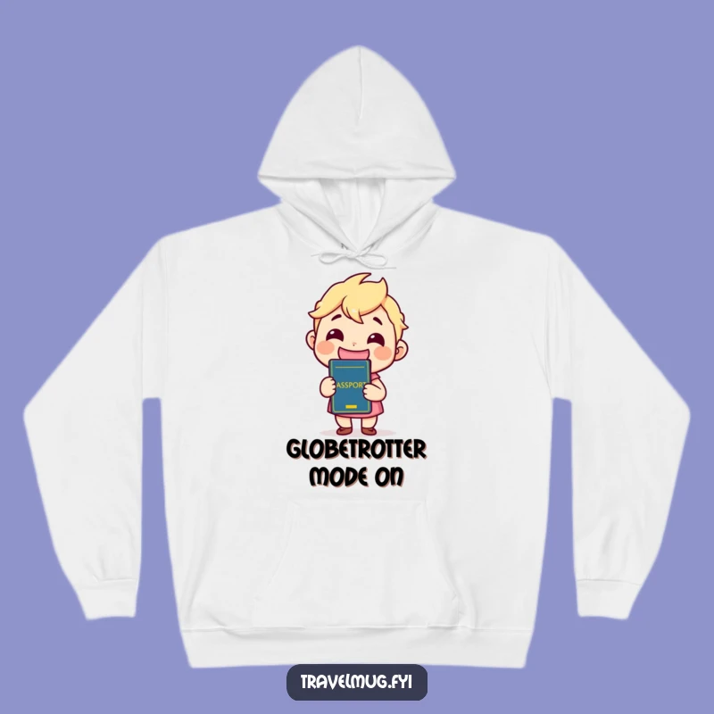 Stay warm and inspired for your next trip with this cozy and funny hoodie, featuring a kawaii character beaming with a huge grin while holding their passport. Perfect for travel comfort.