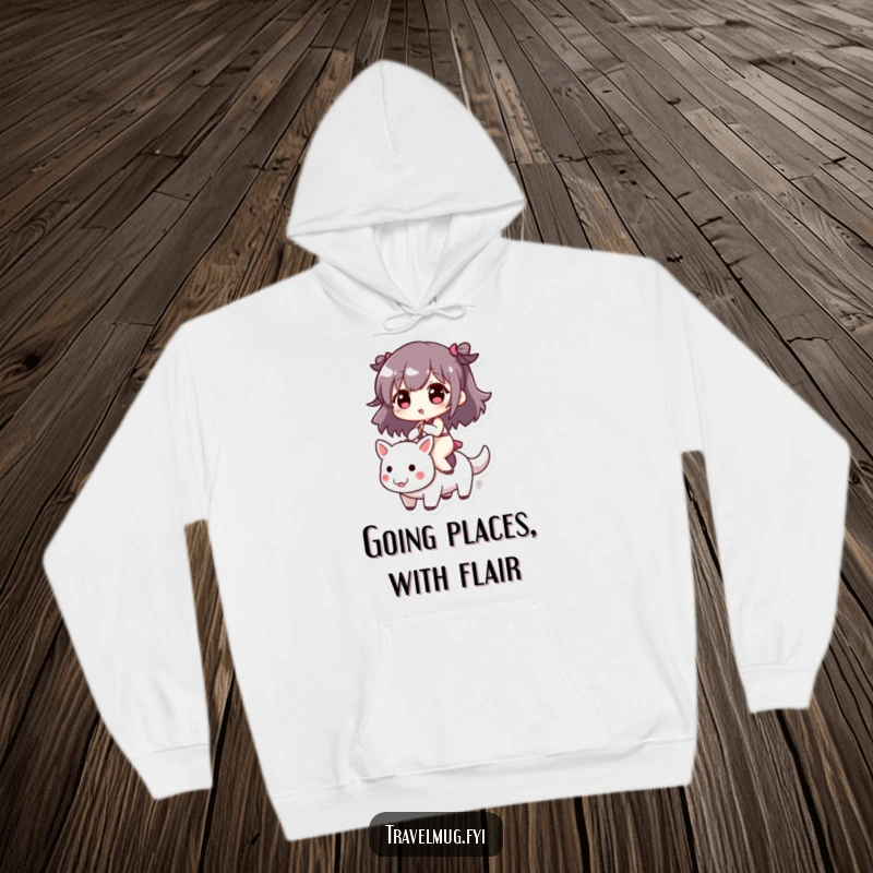 Funny hoodie depicts a cute character comfortably riding a small, delightful creature, perfect for a cozy, humorous vibe.