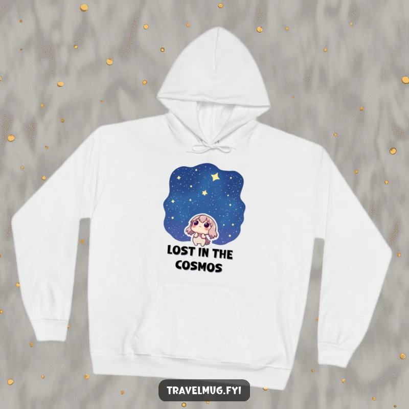 Funny hoodie with a character gazing at a starry night sky, offering warmth and a sense of cosmic wonder.