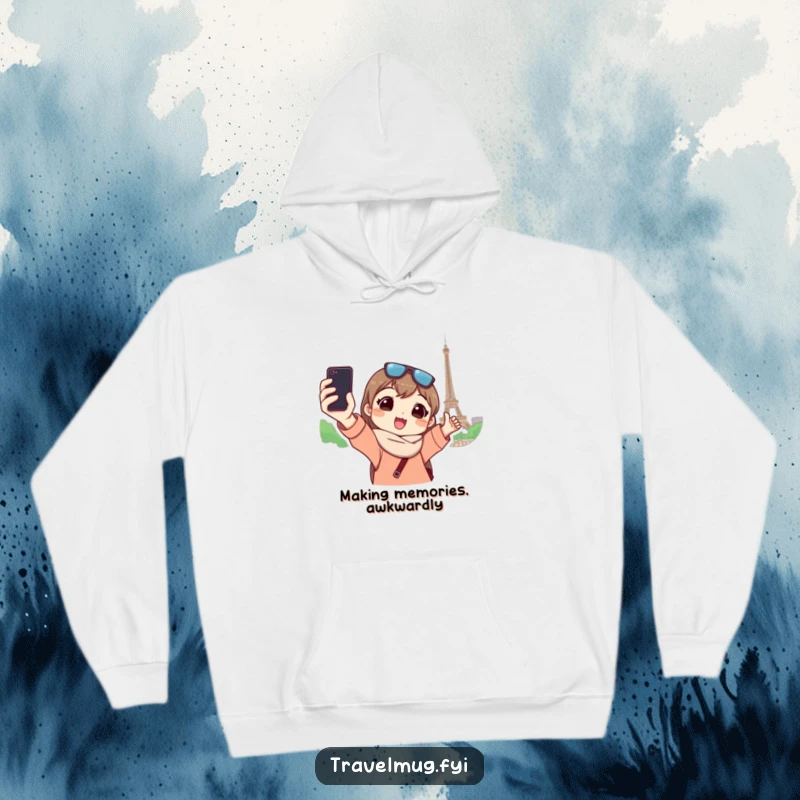 Funny hoodie shows a character capturing a selfie with a famous landmark, offering a humorous and cozy travel vibe.