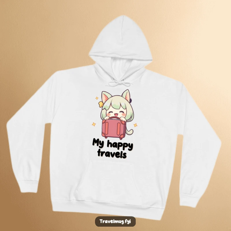 Funny hoodie with a character joyfully embracing a suitcase, perfect for travelers seeking comfort and humor.