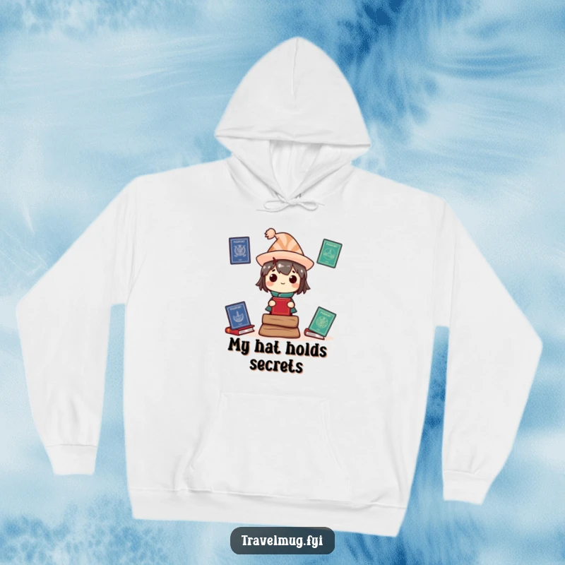 Funny Hoodie: A character in a quirky hat precariously balances multiple passports, highlighting the joys of travel.