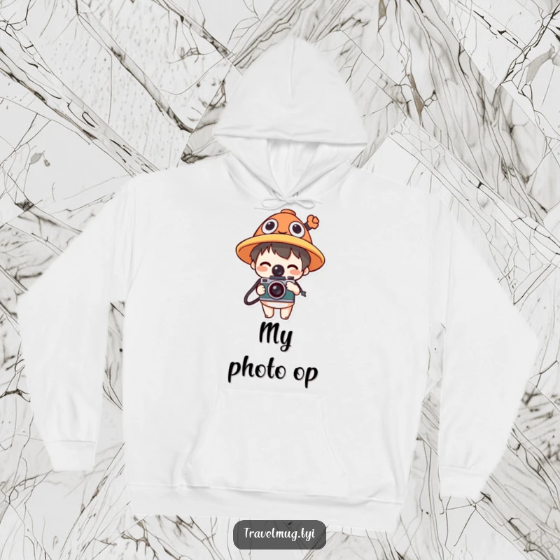 Funny hoodie with a character wearing a funny hat and holding a camera, offering warmth and a humorous photography theme.