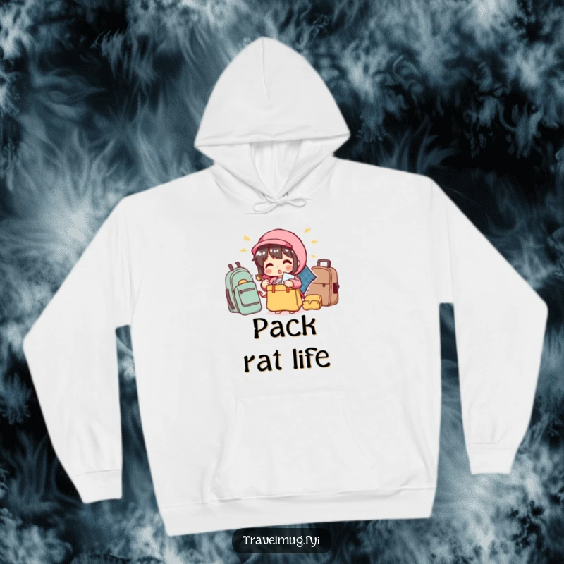Funny hoodie with a character comically overstuffing a small bag, offering warmth and humor for travel enthusiasts.
