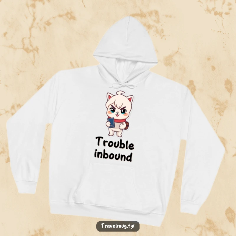 Funny hoodie featuring a cute character with a mischievous expression holding a passport, ready for exciting new destinations.