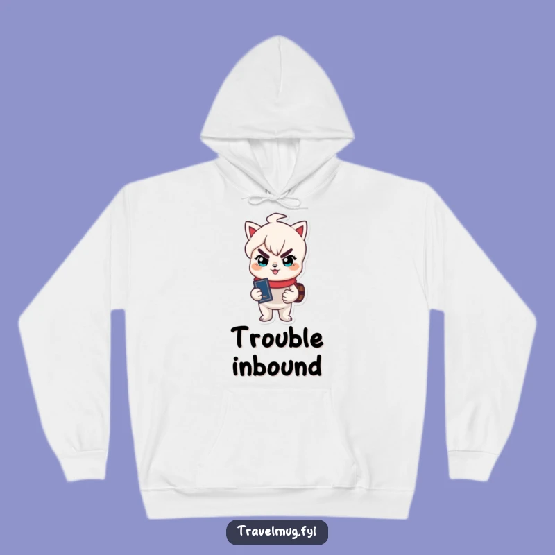 Stay warm on your journeys! This funny hoodie features a character with a passport and a playful grin, ready for adventure.