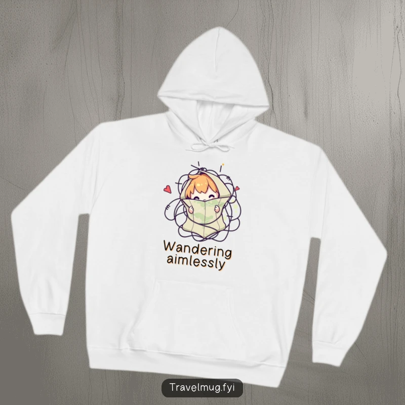 Funny hoodie with a character comically tangled in a map, offering warmth and humor for adventurous souls.